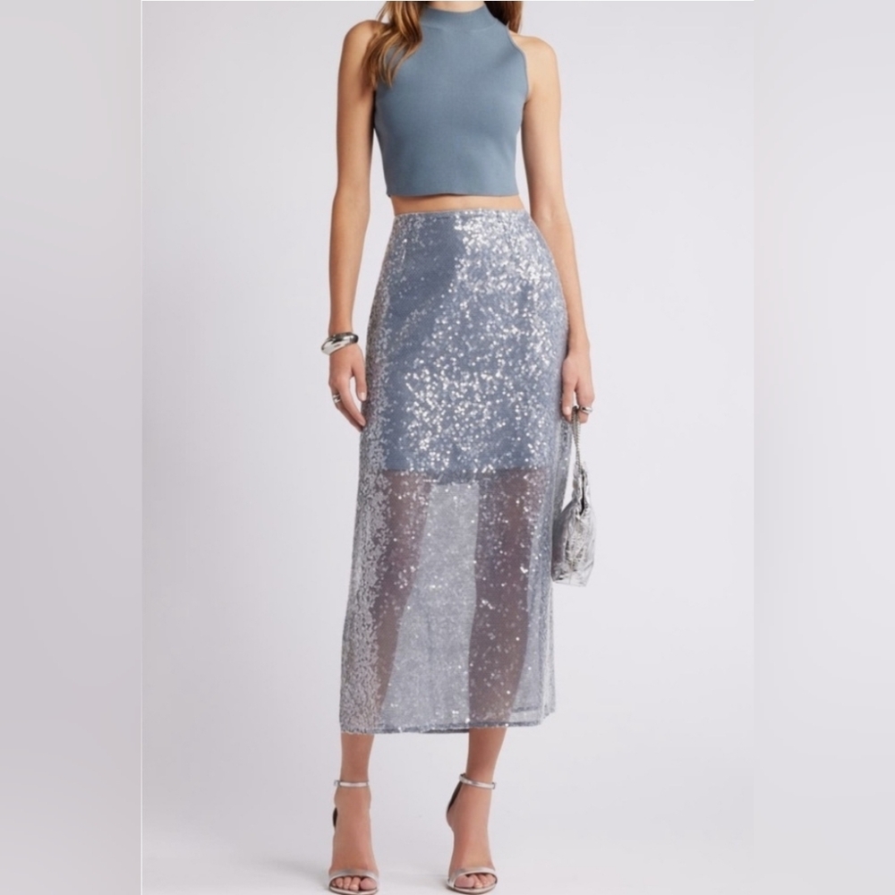 Open Edit Elegant Silver Sequin Skirt